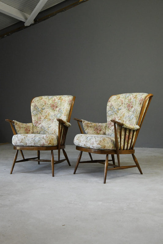 Pair Vintage Retro Ercol Armchairs Chairs - Kernow Furniture