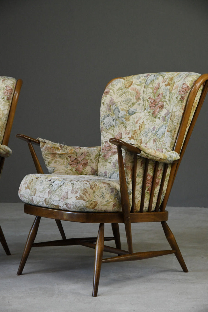 Pair Vintage Retro Ercol Armchairs Chairs - Kernow Furniture