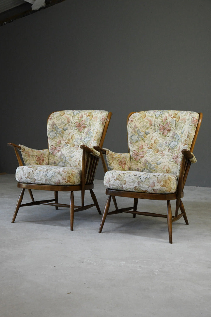 Pair Vintage Retro Ercol Armchairs Chairs - Kernow Furniture