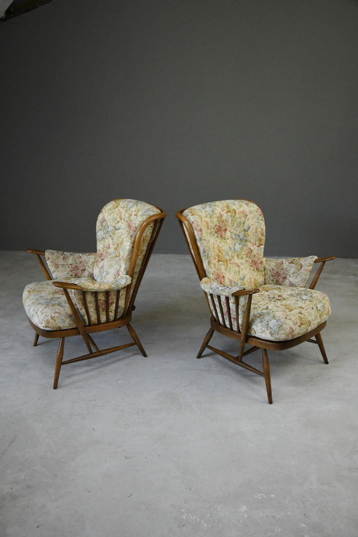 Pair Vintage Retro Ercol Armchairs Chairs - Kernow Furniture