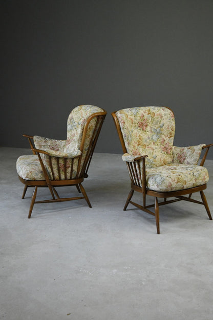 Pair Vintage Retro Ercol Armchairs Chairs - Kernow Furniture