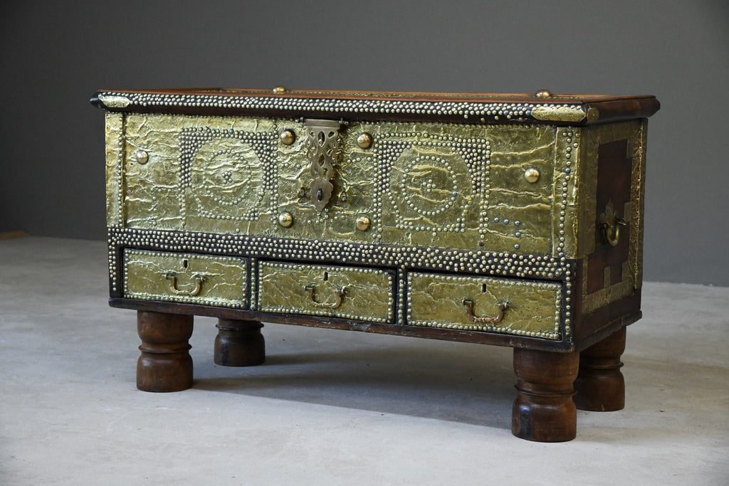 Antique Arab Teak & Brass Bound Chest - Kernow Furniture