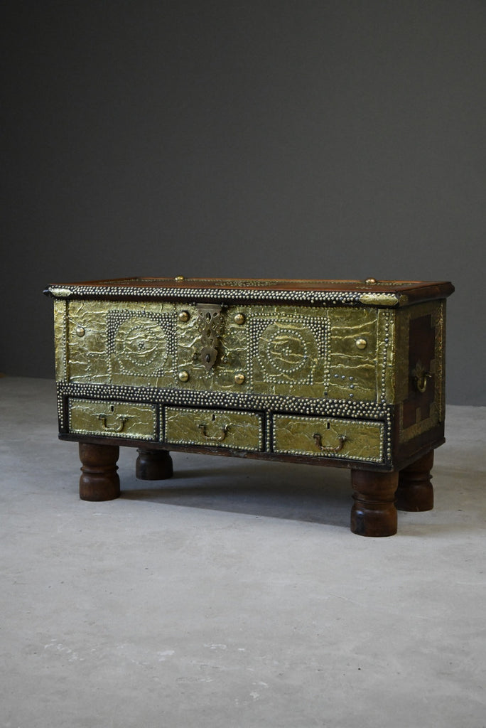 Antique Arab Teak & Brass Bound Chest - Kernow Furniture