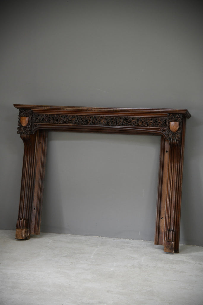 Carved Mahogany Ecclesiastical Fire Surround Mantlepiece - Kernow Furniture