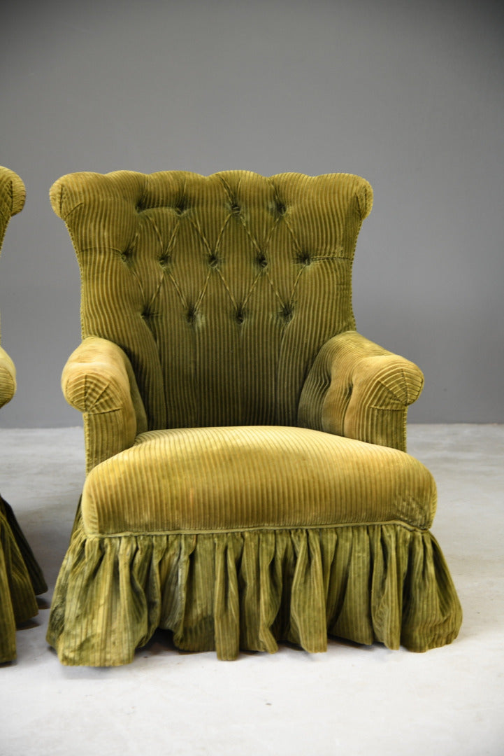 Pair Green Button Back Armchairs - Kernow Furniture