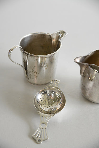 Pair Silver Plate Milk Jugs & Tea Strainer - Kernow Furniture