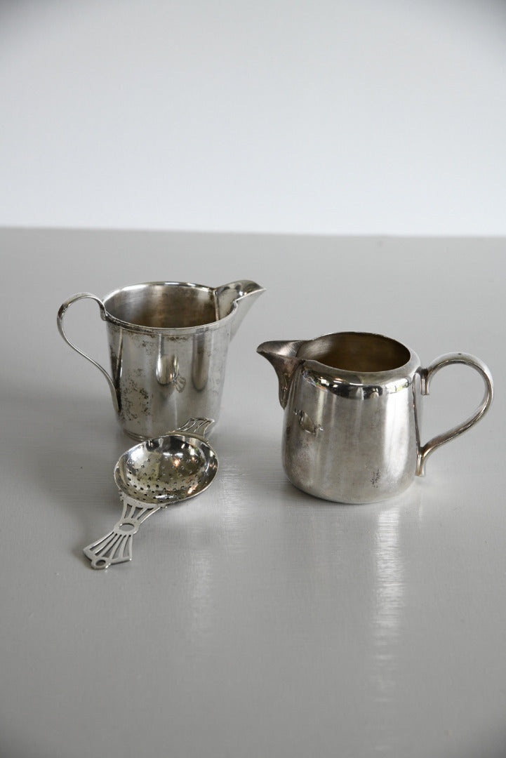 Pair Silver Plate Milk Jugs & Tea Strainer - Kernow Furniture