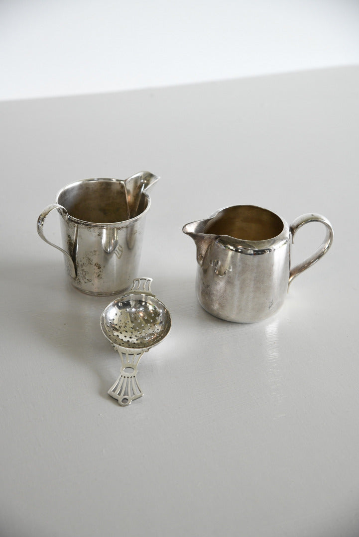 Pair Silver Plate Milk Jugs & Tea Strainer - Kernow Furniture