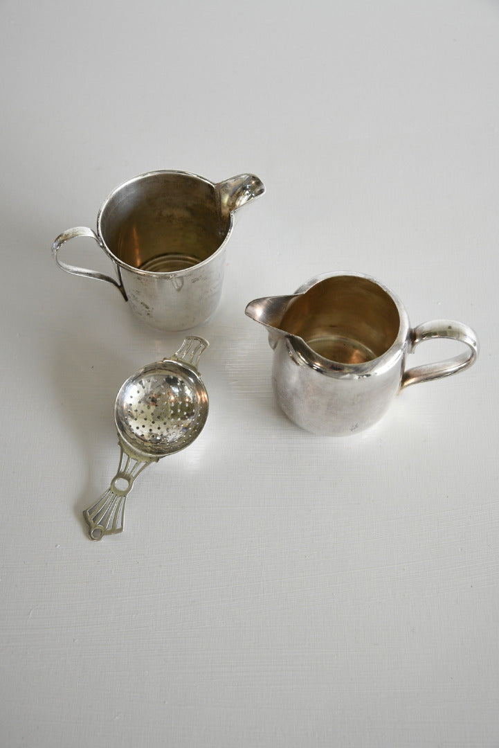 Pair Silver Plate Milk Jugs & Tea Strainer - Kernow Furniture