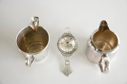 Pair Silver Plate Milk Jugs & Tea Strainer - Kernow Furniture