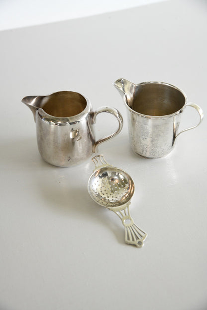 Pair Silver Plate Milk Jugs & Tea Strainer - Kernow Furniture