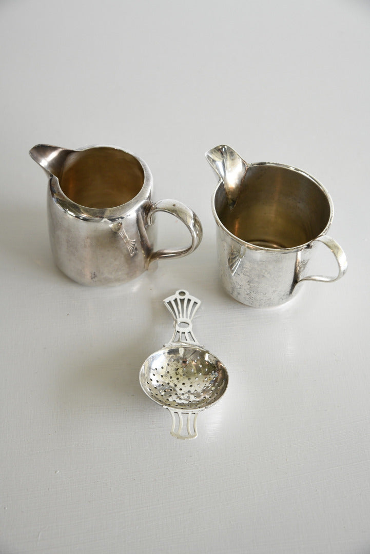 Pair Silver Plate Milk Jugs & Tea Strainer - Kernow Furniture