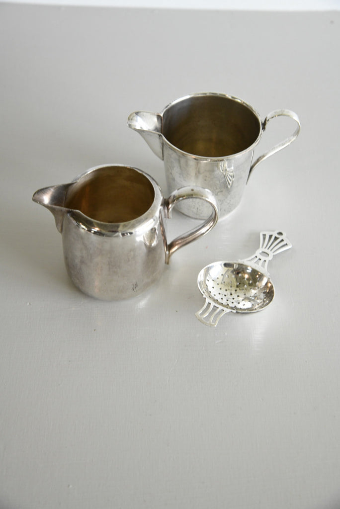 Pair Silver Plate Milk Jugs & Tea Strainer - Kernow Furniture