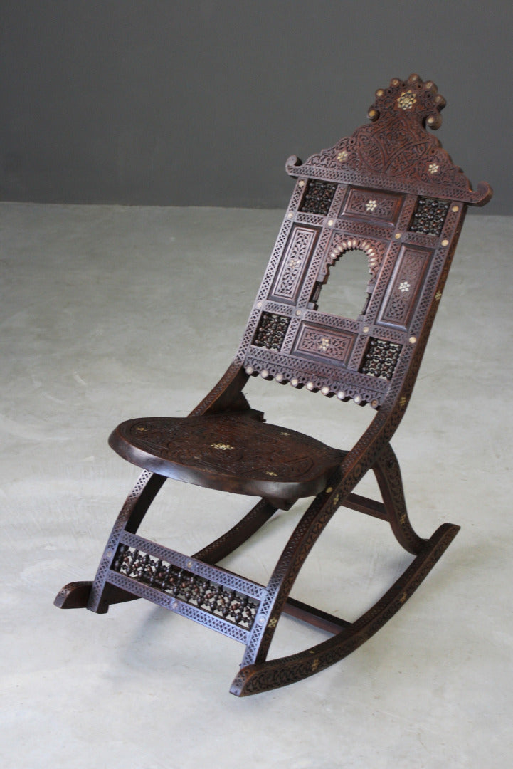 Moorish Carved Teak & Inlaid Rocking Chair - Kernow Furniture