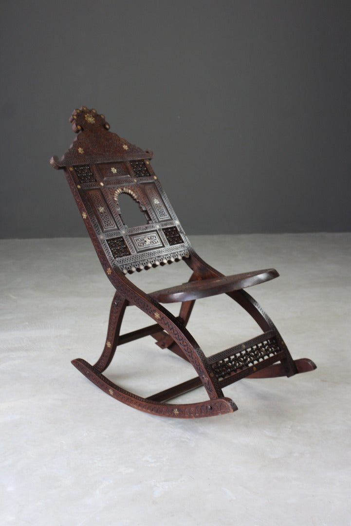 Moorish Carved Teak & Inlaid Rocking Chair - Kernow Furniture