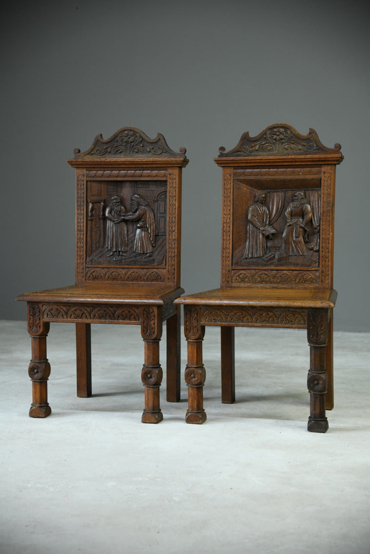 Pair Victorian Carved Oak Gothic Revival Hall Chairs - Kernow Furniture