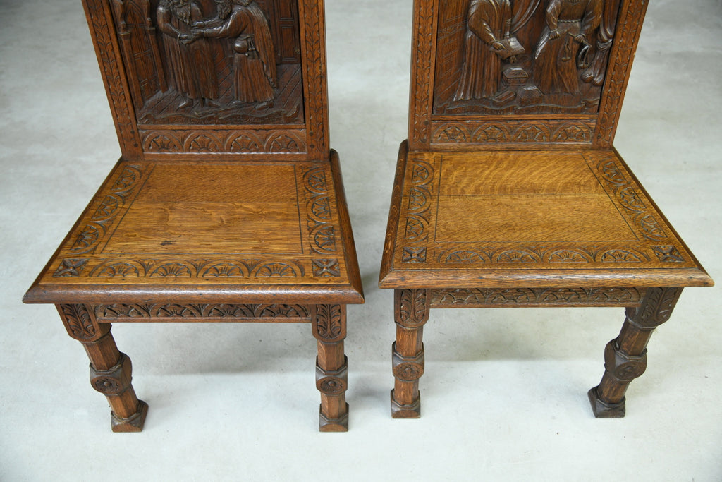 Pair Victorian Carved Oak Gothic Revival Hall Chairs - Kernow Furniture