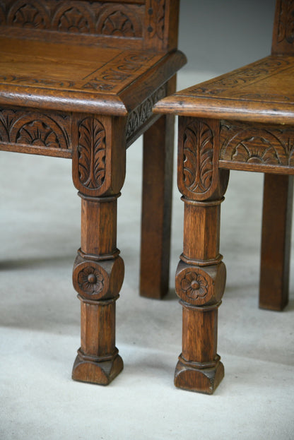 Pair Victorian Carved Oak Gothic Revival Hall Chairs - Kernow Furniture