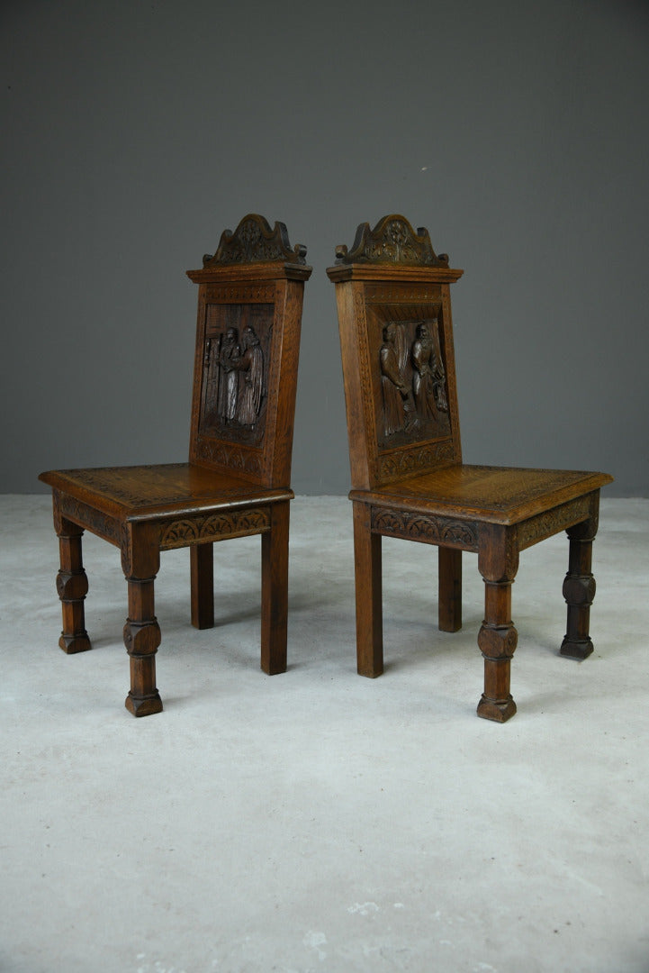 Pair Victorian Carved Oak Gothic Revival Hall Chairs - Kernow Furniture