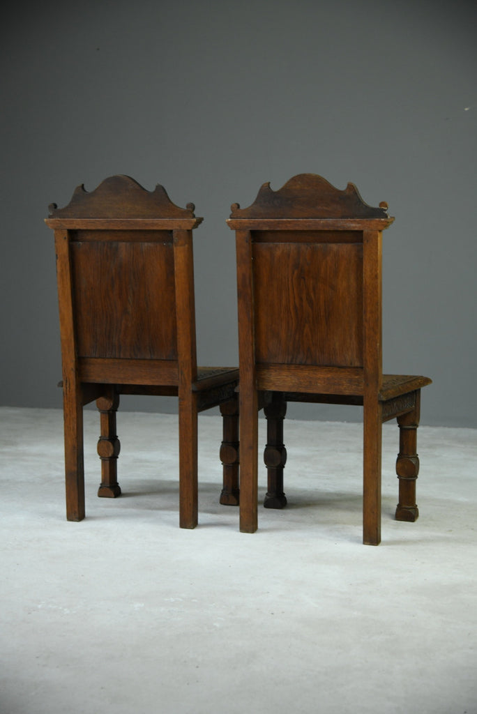 Pair Victorian Carved Oak Gothic Revival Hall Chairs - Kernow Furniture