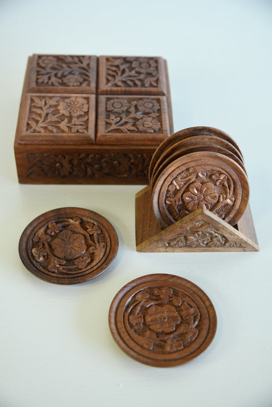 Eastern Carved Wooden Box & Coaster Set - Kernow Furniture