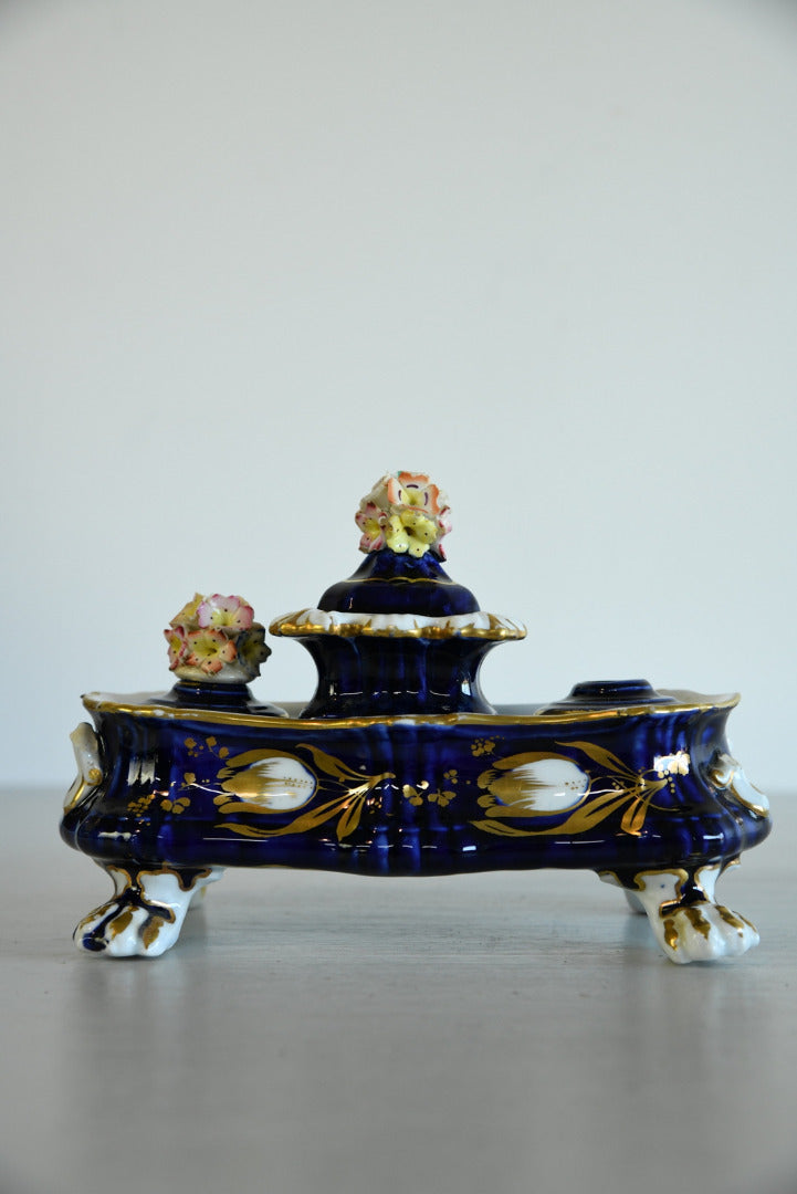 Blue & Gilt Porcelain Double Ink Well