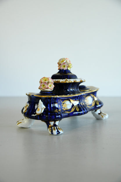Blue & Gilt Porcelain Double Ink Well