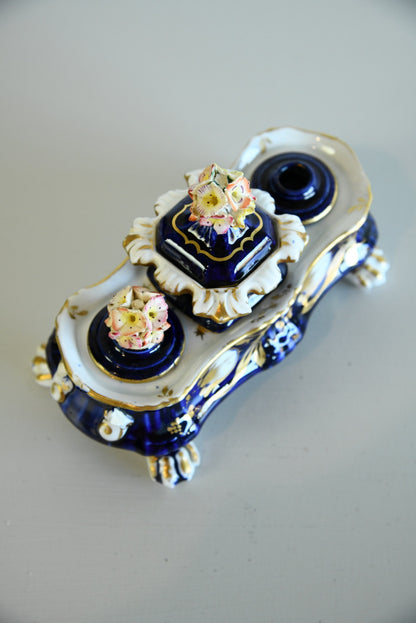 Blue & Gilt Porcelain Double Ink Well
