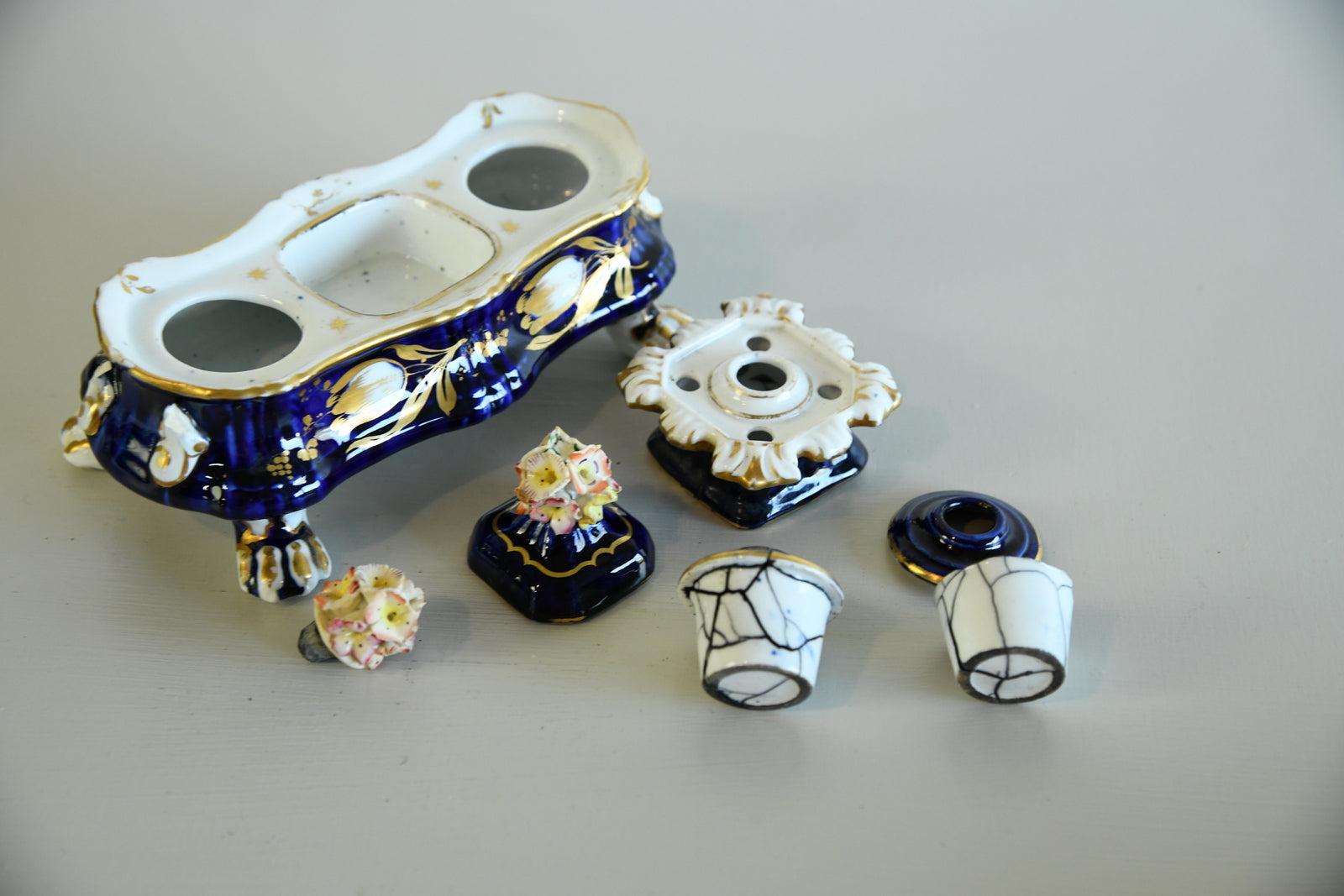 Blue & Gilt Porcelain Double Ink Well