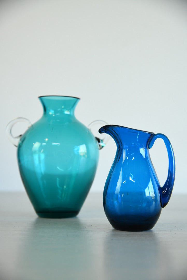 Vintage Blue Glass Vase & Jug - Kernow Furniture