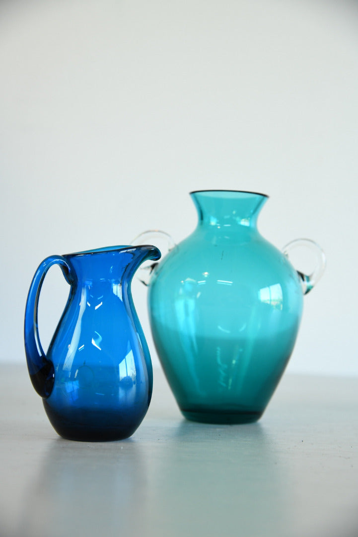 Vintage Blue Glass Vase & Jug - Kernow Furniture