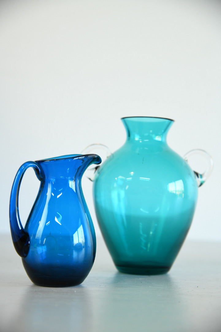 Vintage Blue Glass Vase & Jug - Kernow Furniture