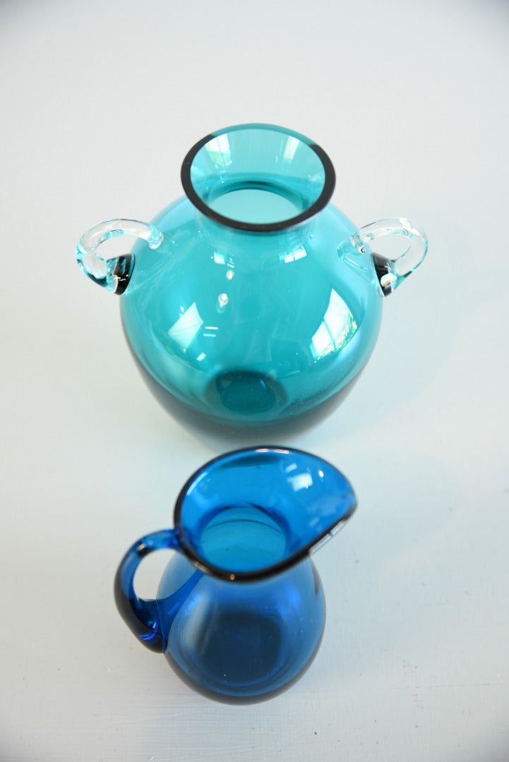 Vintage Blue Glass Vase & Jug - Kernow Furniture