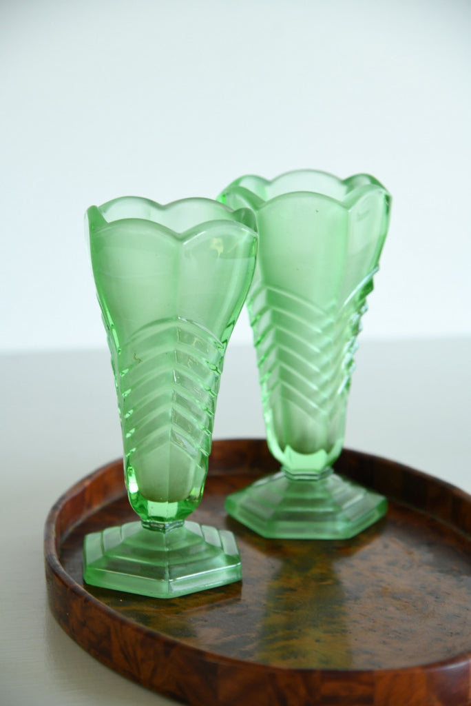 Pair Deco Green Glass Vase - Kernow Furniture