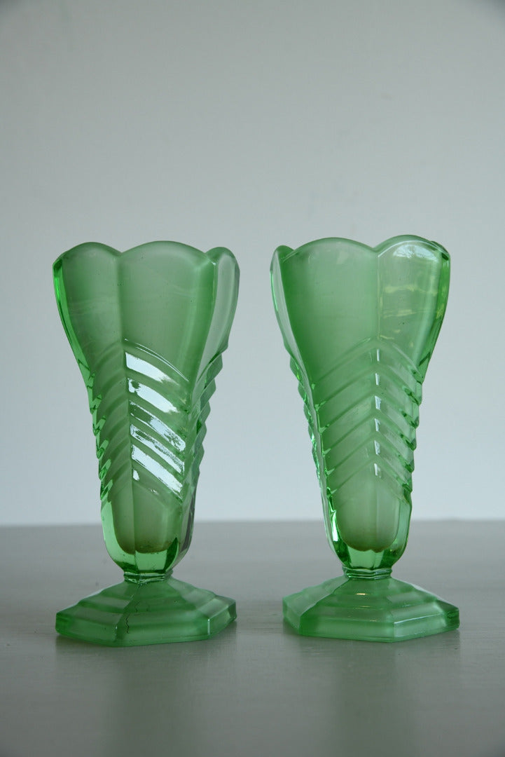 Pair Deco Green Glass Vase - Kernow Furniture