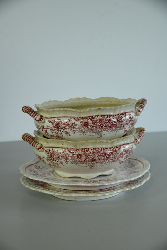 Pair Red Transferware Sauce Tureen - Kernow Furniture