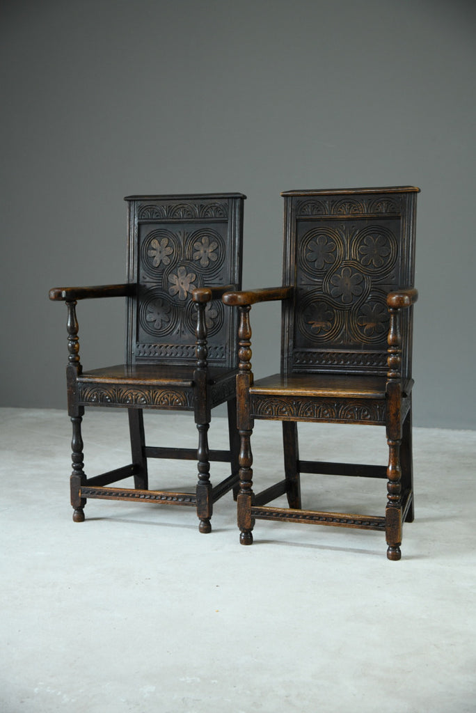 Pair 17th Century Style Oak Armchairs
