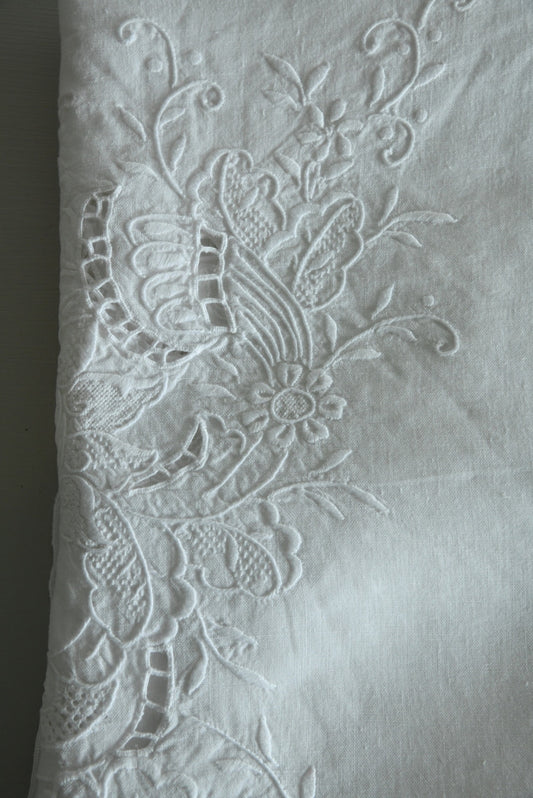 Vintage White Embroidered Tablecloth