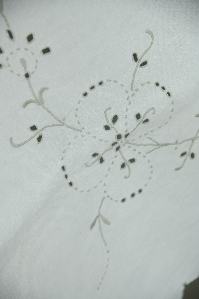Off White Linen Tablecloth Grey Floral Embroidery
