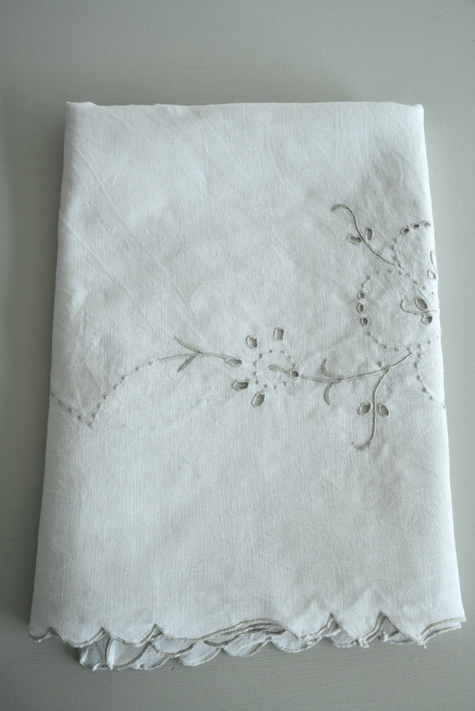 Off White Linen Tablecloth Grey Floral Embroidery