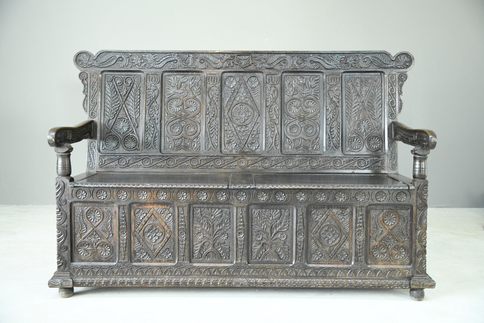 Antique Carved Oak Box Settle