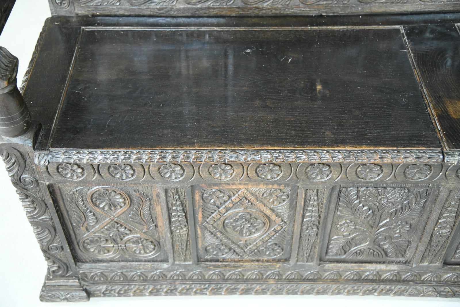 Antique Carved Oak Box Settle