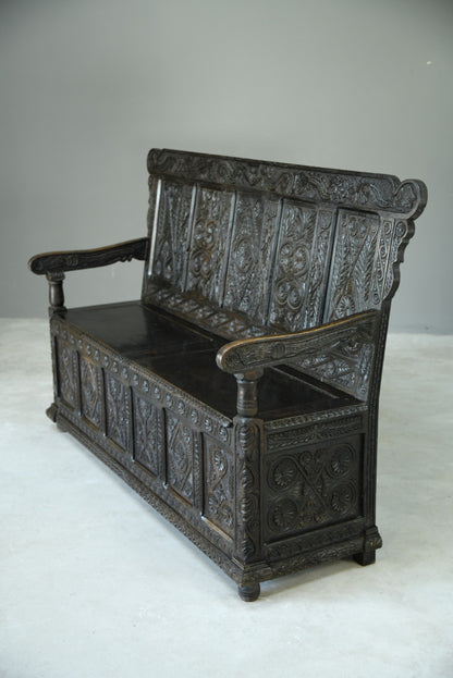 Antique Carved Oak Box Settle