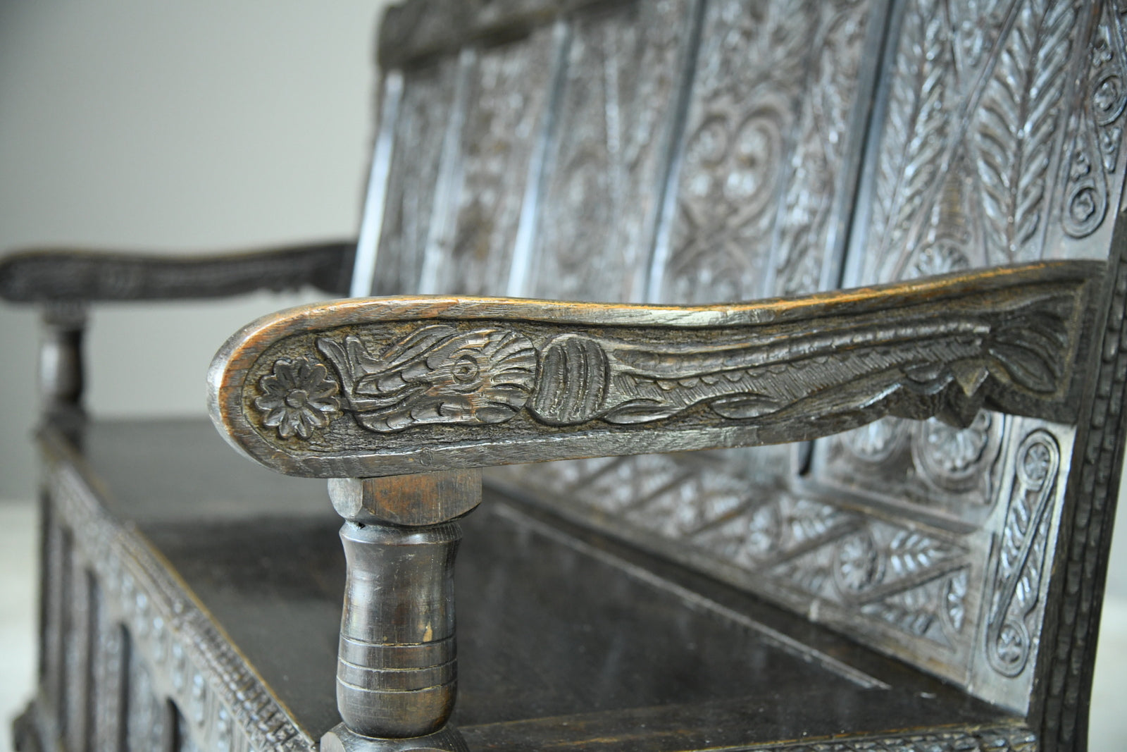 Antique Carved Oak Box Settle