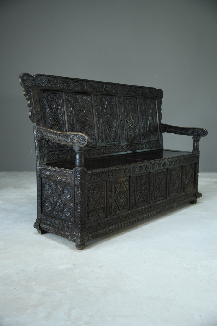 Antique Carved Oak Box Settle