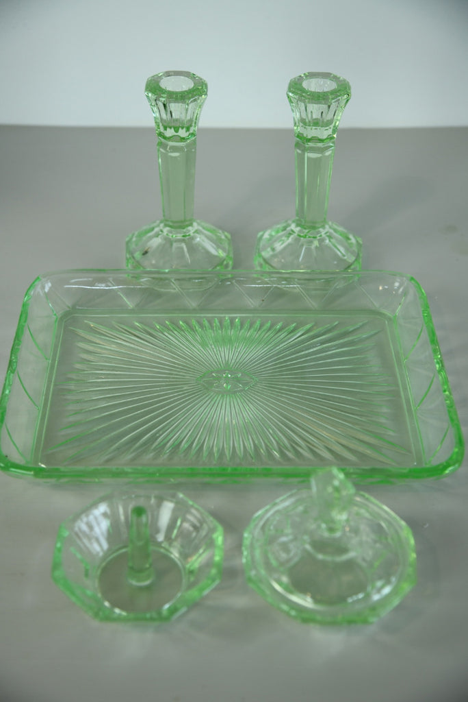 Vintage Green Glass Dressing Table Set
