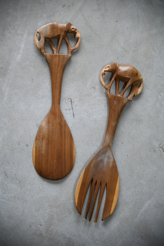 Pair Carved Wooden Elephant Salad Servers