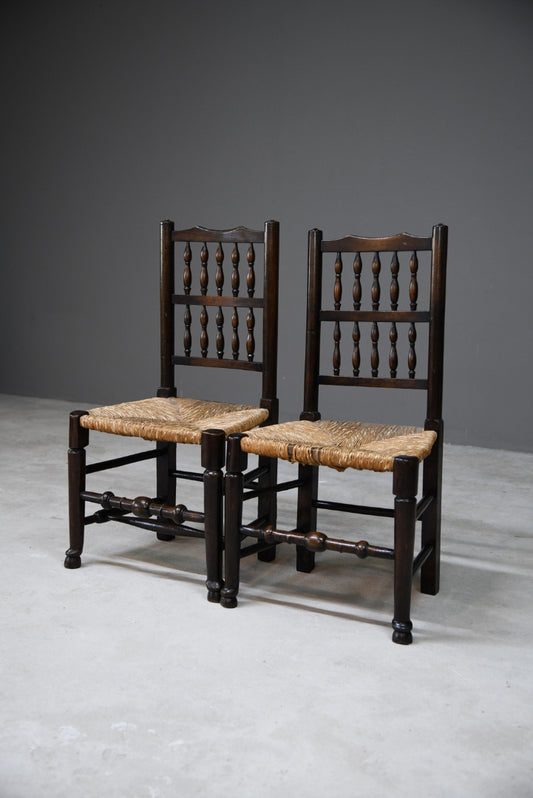 Pair Antique Oak & Rush Lancashire Chairs