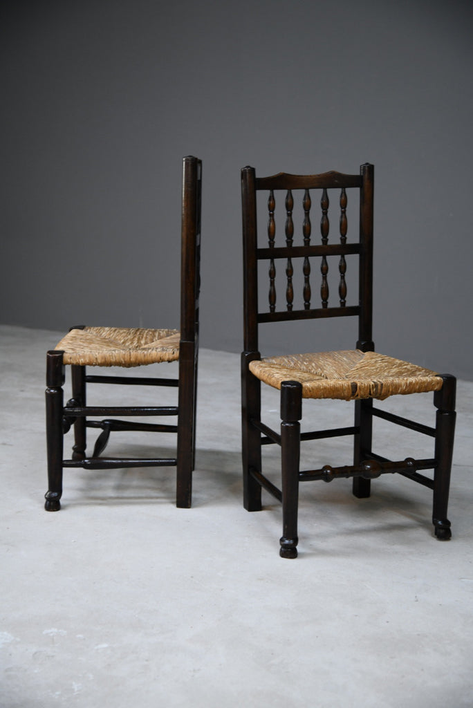Pair Antique Oak & Rush Lancashire Chairs