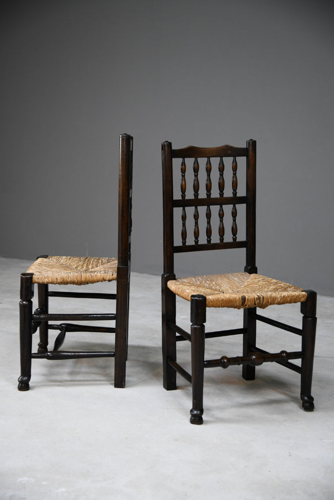 Pair Antique Oak & Rush Lancashire Chairs